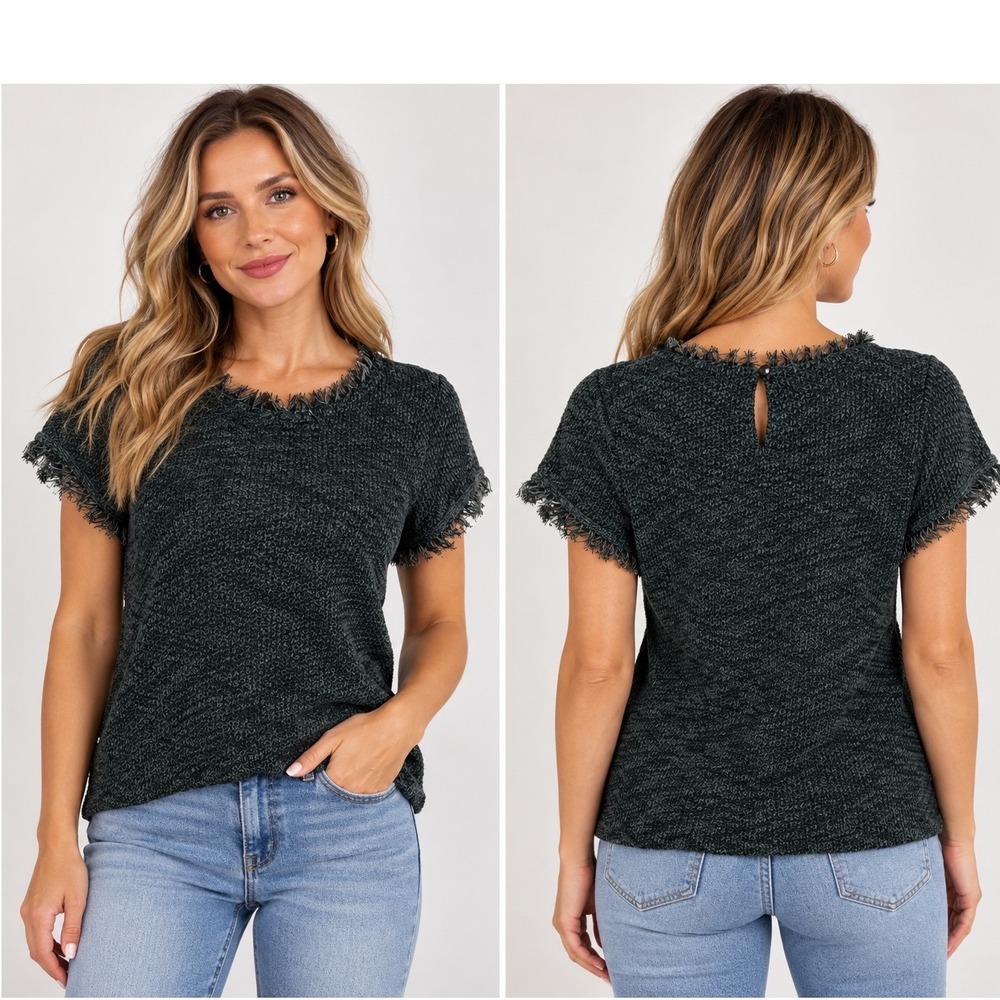 Everleigh Knit Top Green Black Fringe Keyhole Back Short Sleeve Large